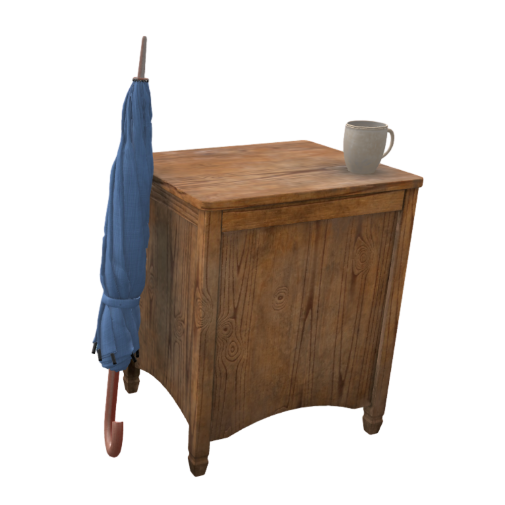 [3D Scene] wooden table, umbrella and a cup of coffee