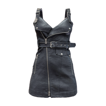 European and American style sweet and cool personalized slim fit metal strap PU leather dress black