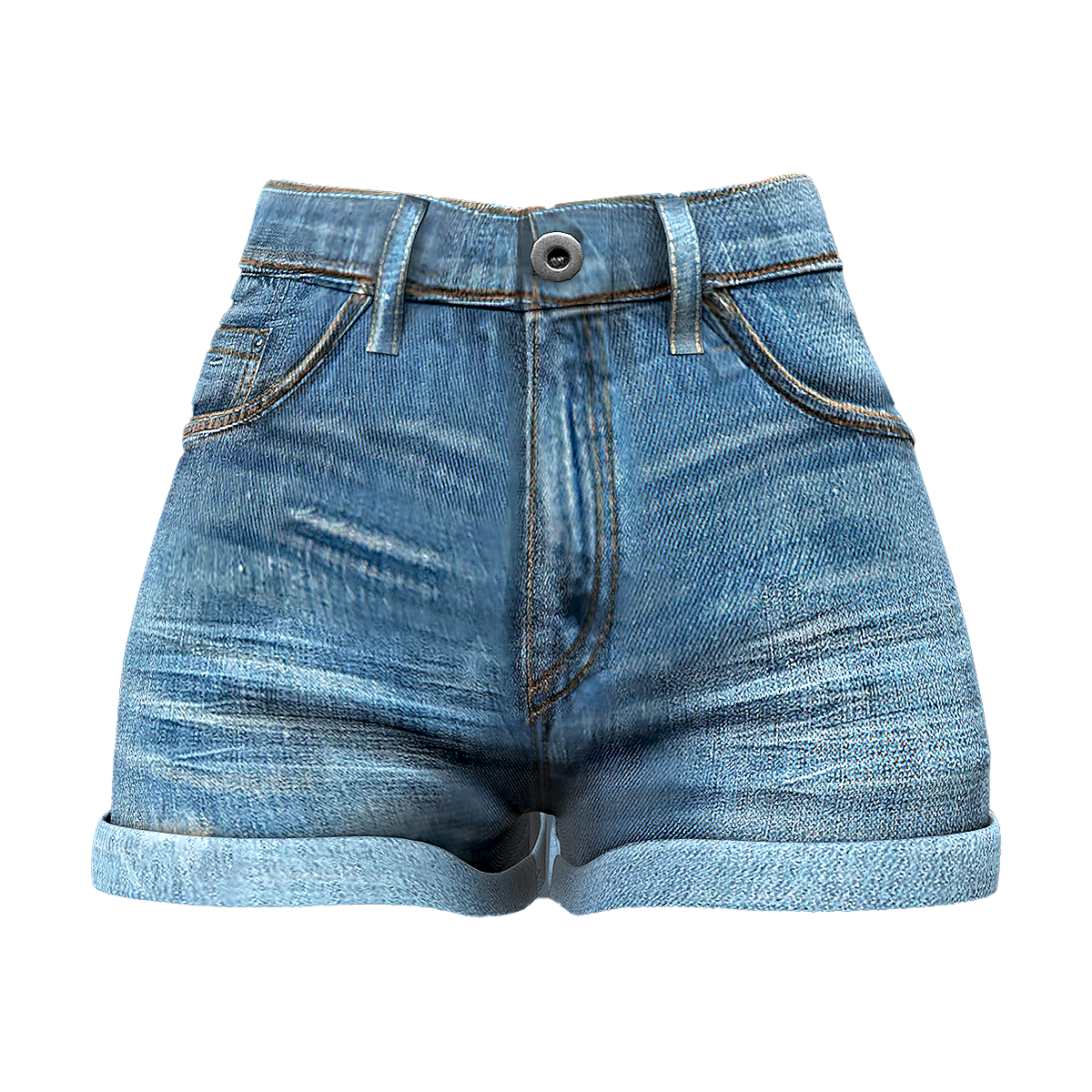 Casual and versatile high waisted retro rolled denim shorts, hip hugging hot pants, denim blue