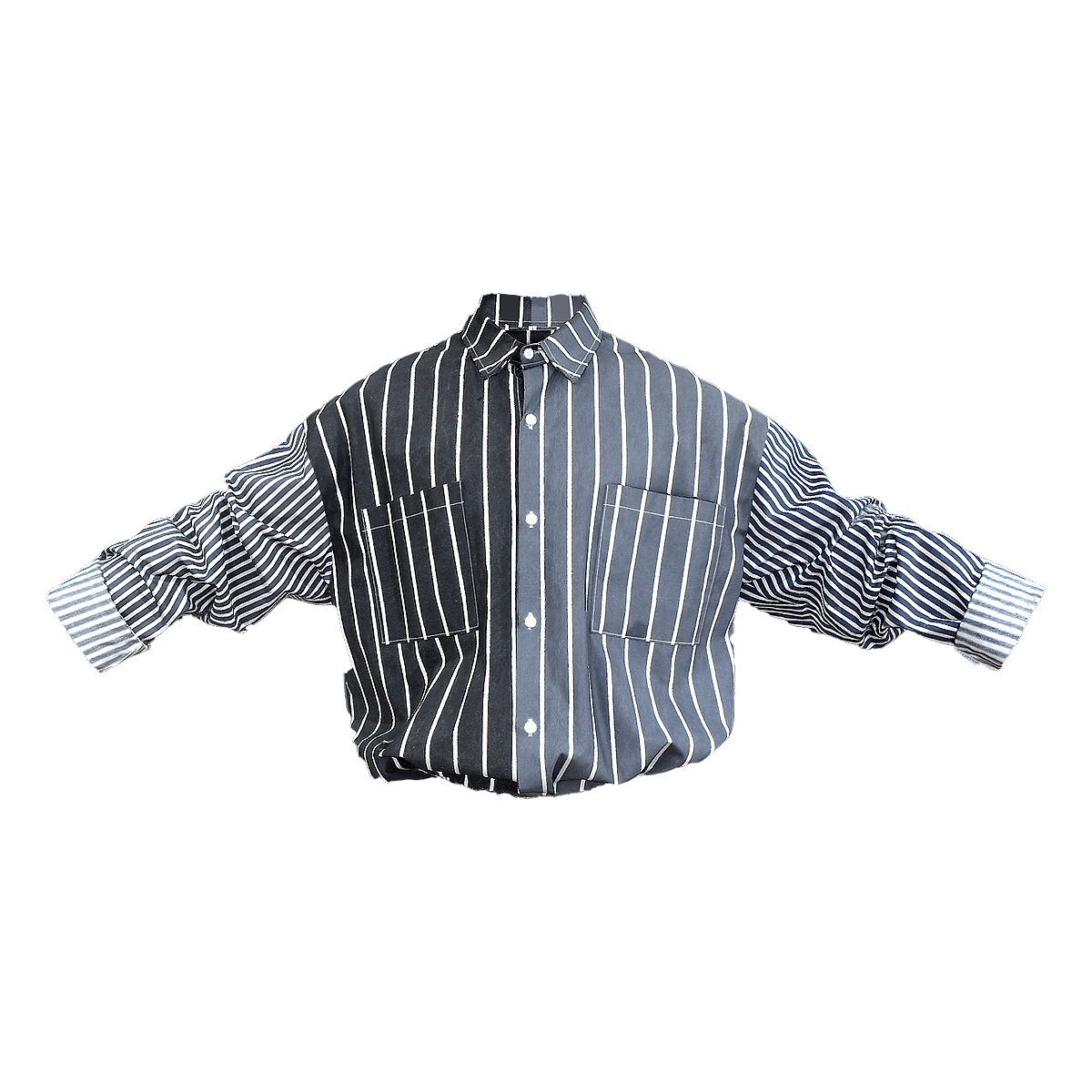 Casual and versatile loose black and white striped patchwork long sleeved shirt