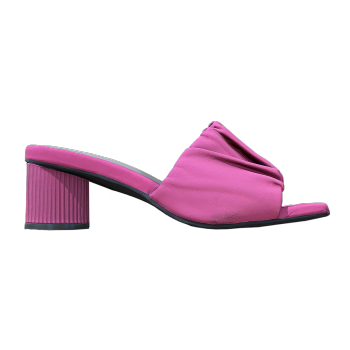 French pleated square toe high-heeled thick heeled slippers in rose red