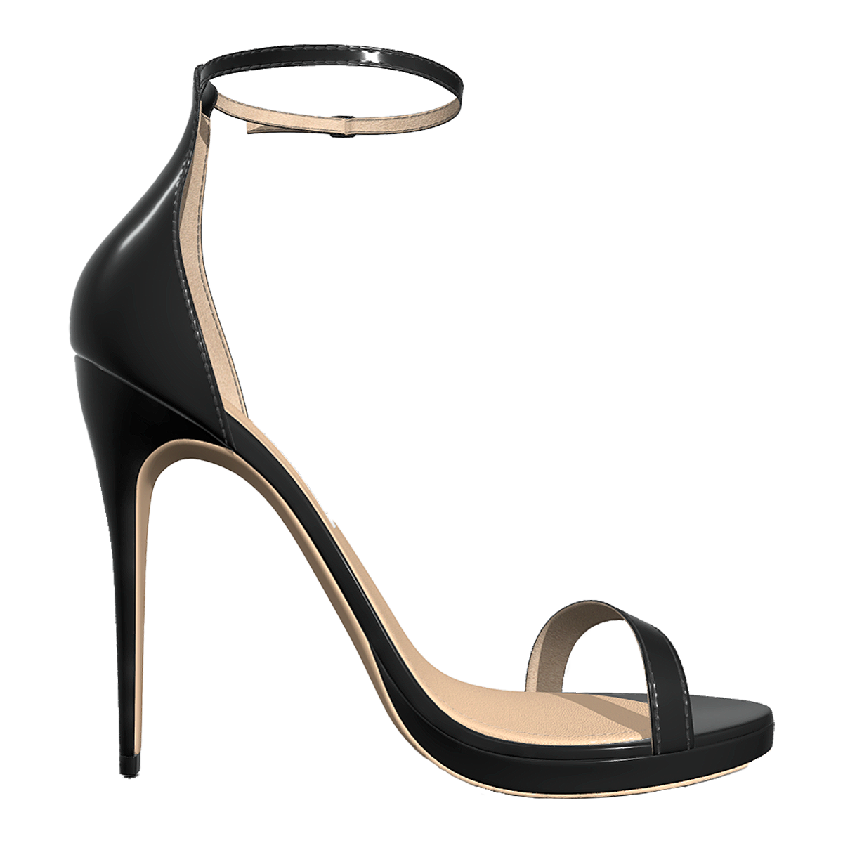 Versatile paint finish, fine heels, exposed toes, straight strap, high-heeled sandals, black