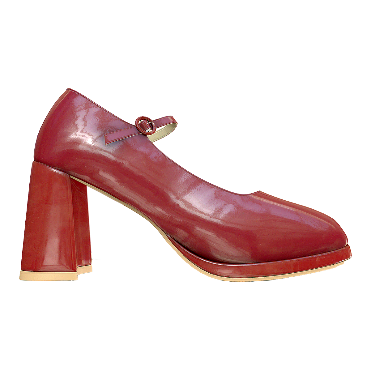 Horseshoe shaped thick heel high-heeled patent leather Mary Jane shoes in red