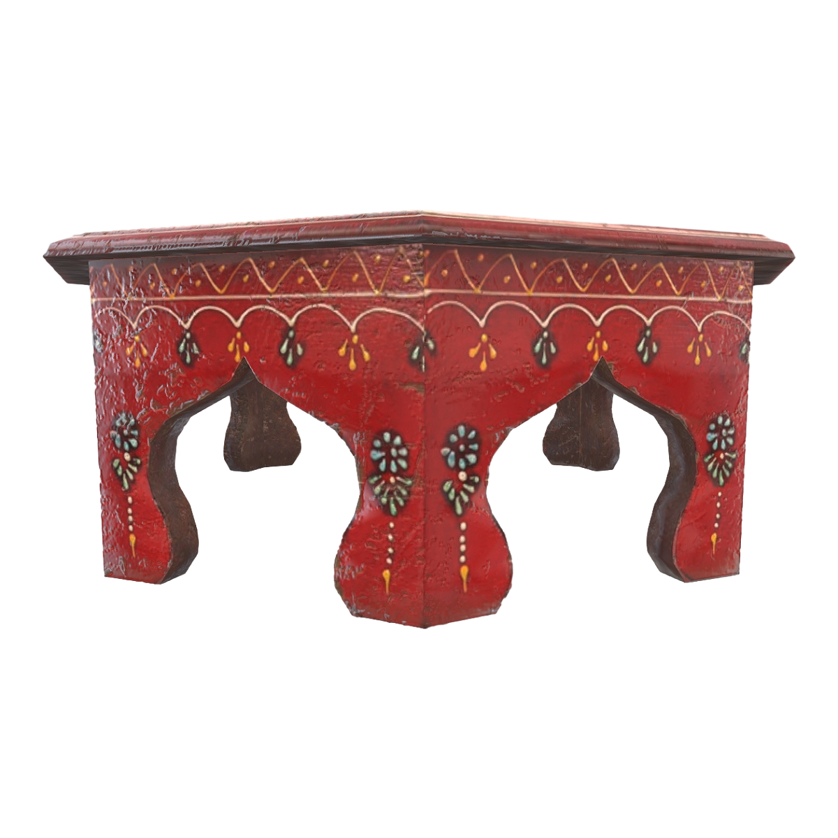 Indian Home Stone Red Paint Octagonal Low Table - Pure Red Low Table