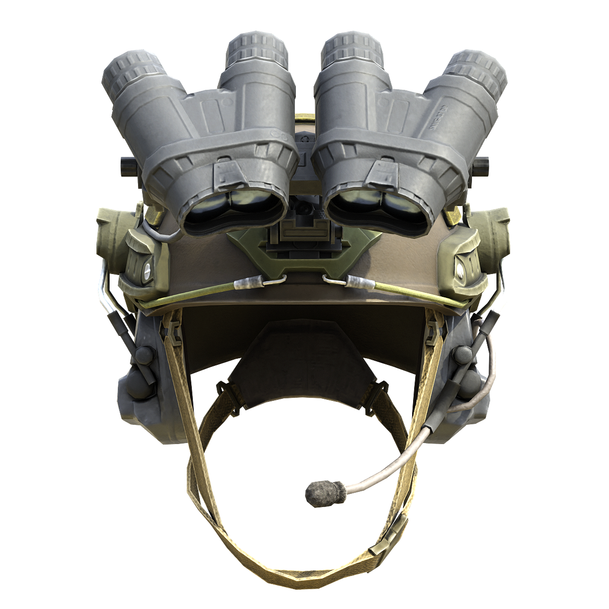 Modern night vision goggles, noise cancelling headphones, microphones, military helmets
