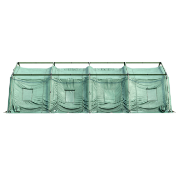 Multi person military tent with heater in the wilderness
