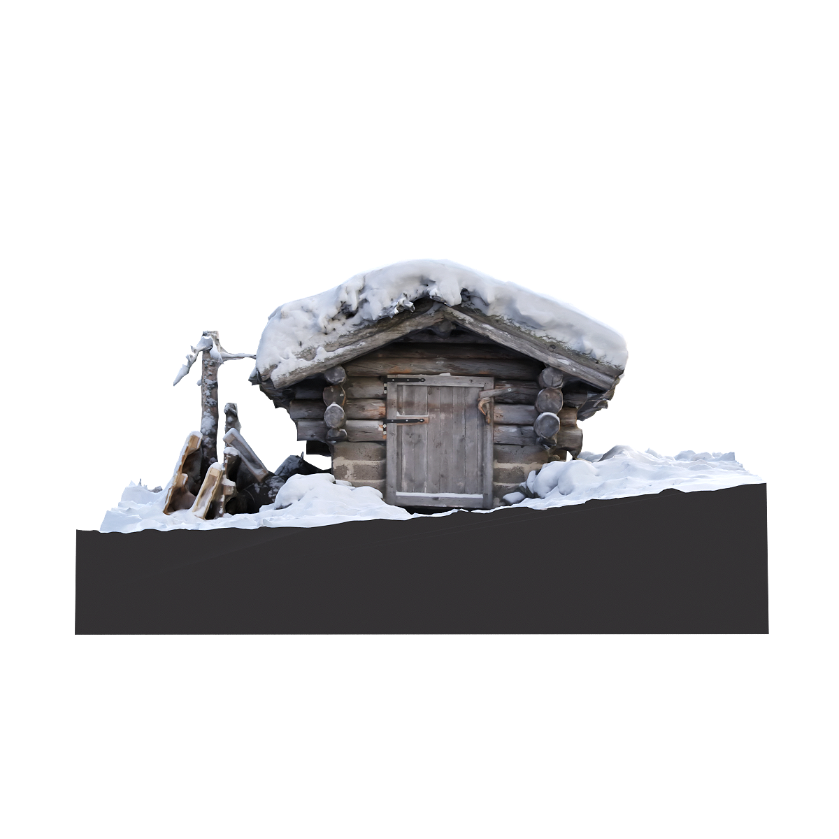 A small wooden house in the snow