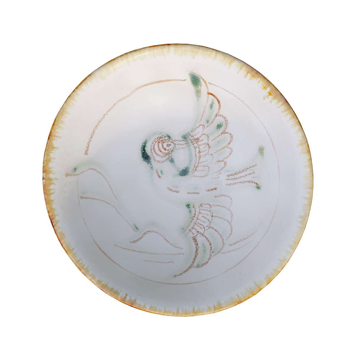 Green glazed brown green colorful flower and bird bowl