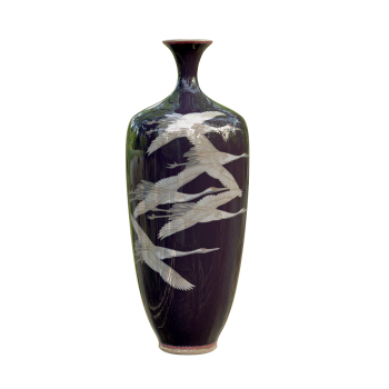 Japanese Red crowned Crane Black Ceramic Bottle (left) - Krakow Japan Art and Technology Center, Poland