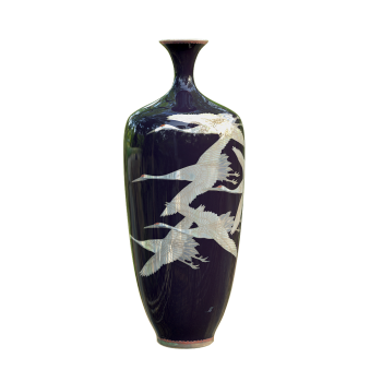Japanese Red crowned Crane Black Ceramic Bottle (Right) - Krakow Japan Art and Technology Center, Poland
