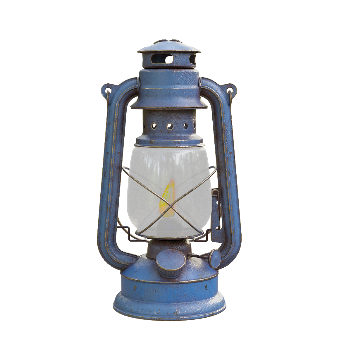 A 3D animated model of a burning kerosene lamp