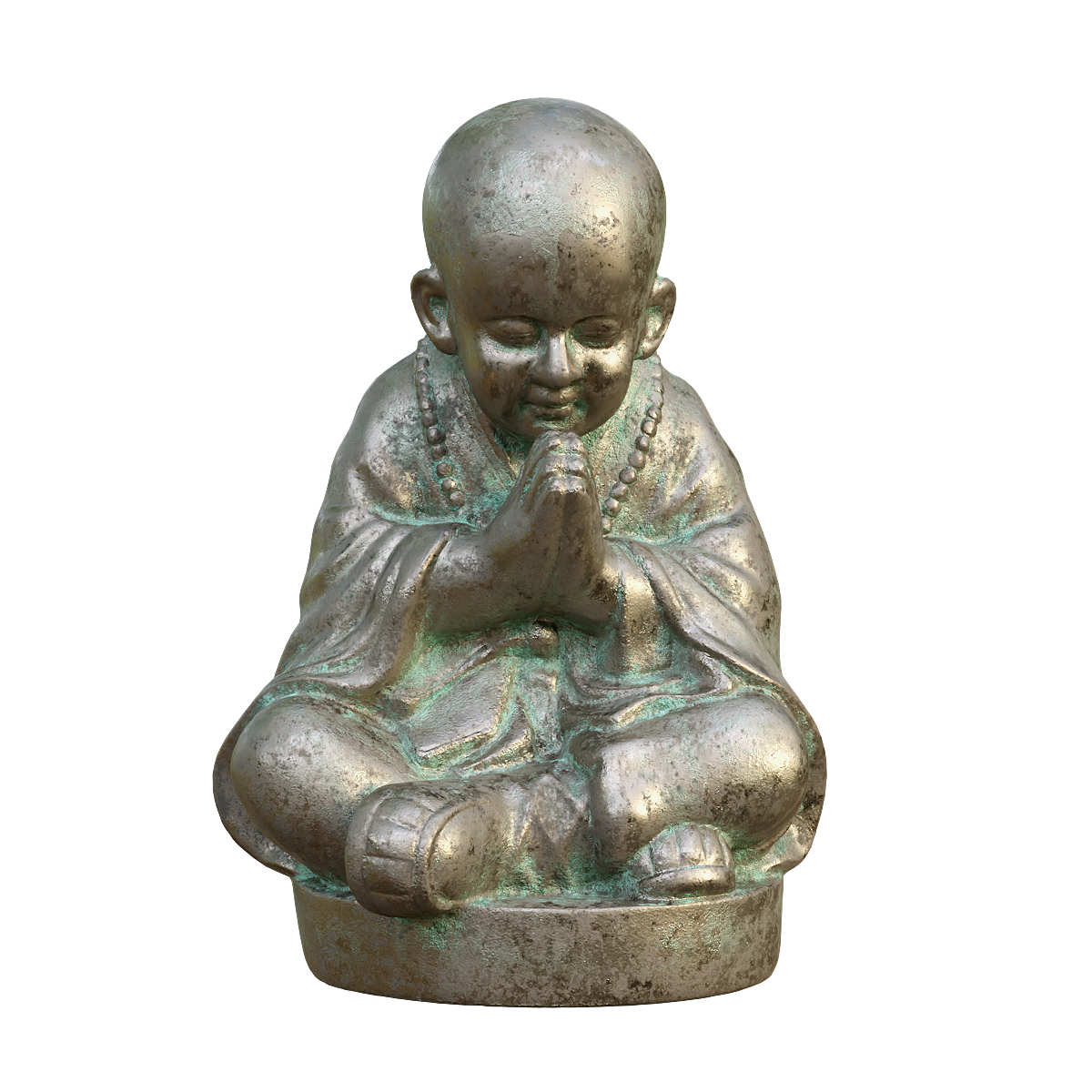 A bronze statue of a Buddhist monk sitting in meditation