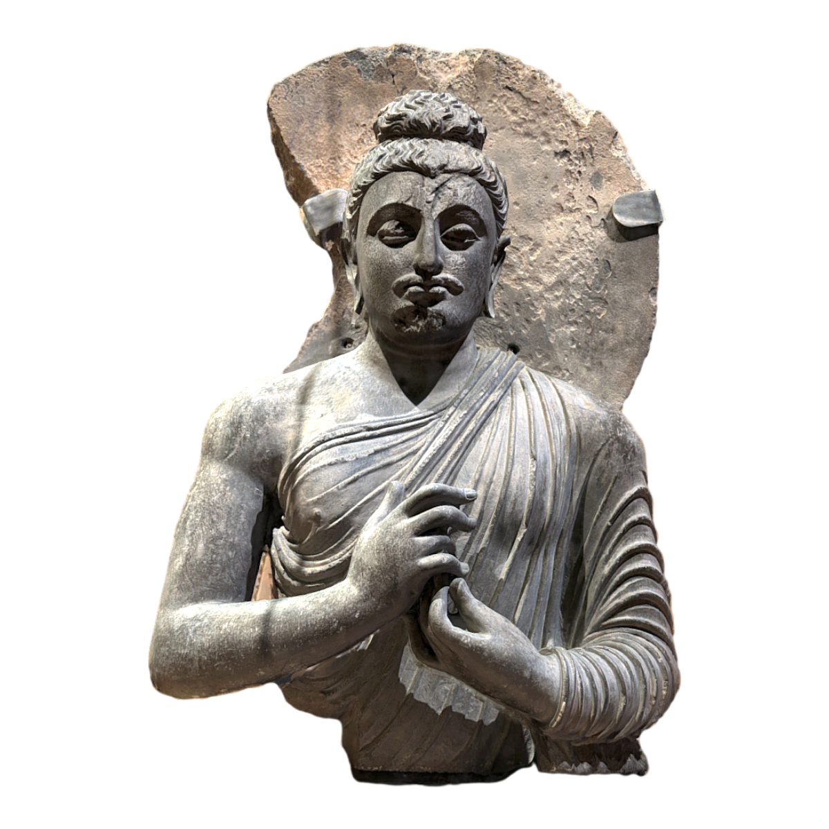 Shale statue of Shakyamuni half body from Peshawar, Pakistan in the third century