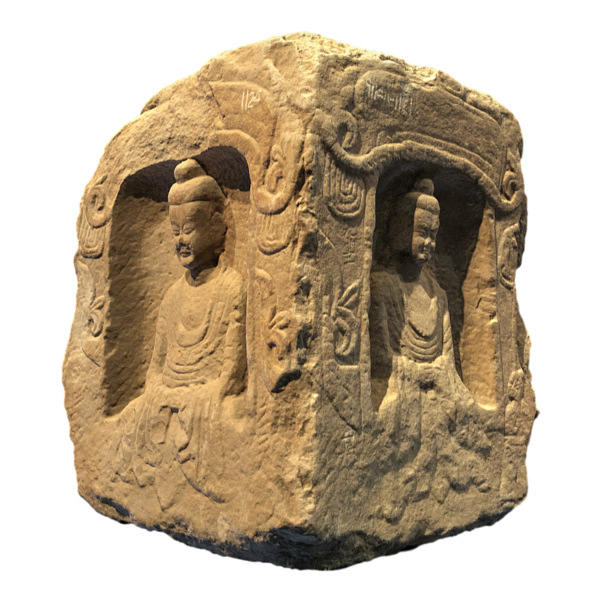 Sandstone sculpture from the Northern Wei Dynasty titled 'Stone Statue of Buddha Sitting in Four Sided Shrine'