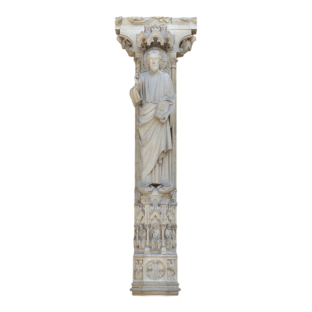 The carved stone pillar of Notre Dame Cathedral in Paris depicts the marble statue of Jesus