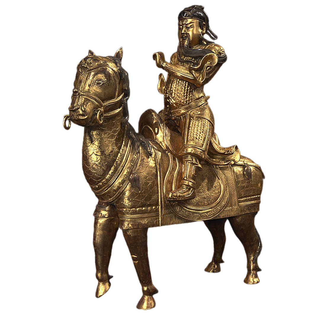 Qing Dynasty gilded bronze statue of Guan Yu riding on horseback