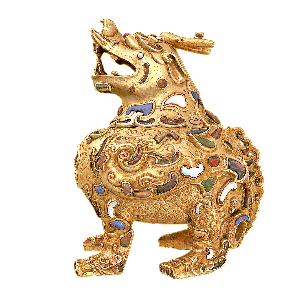 During the Qianlong period, a copper gilded incense burner with inlaid gemstones and auspicious beasts was used