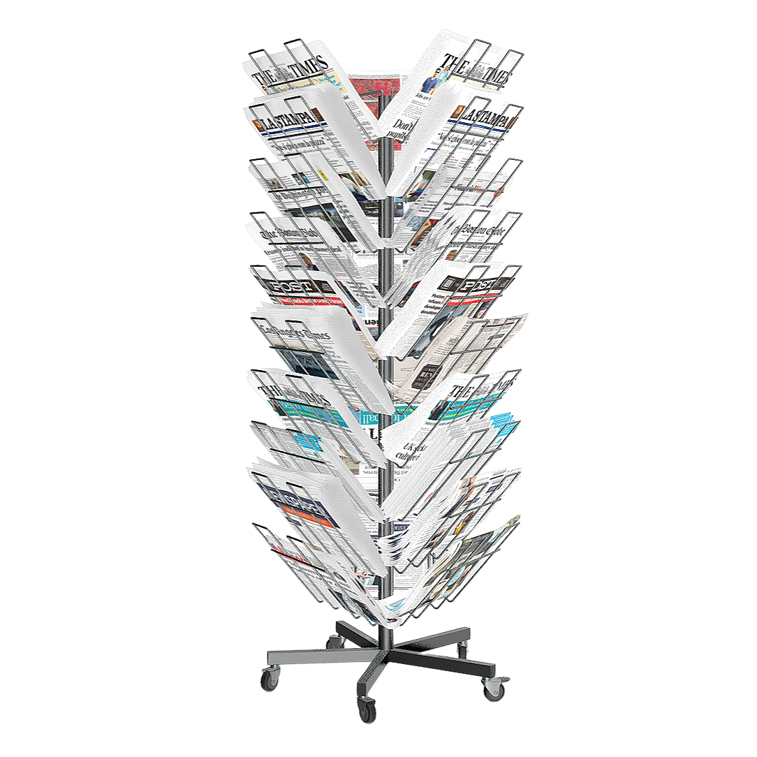 Rotating newspaper and magazine display rack