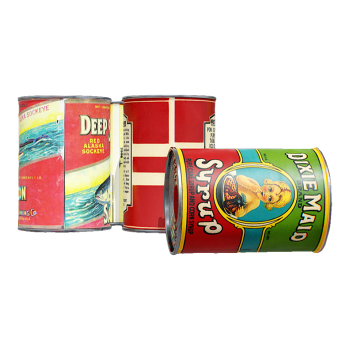 Three cans of vintage packaged canned food