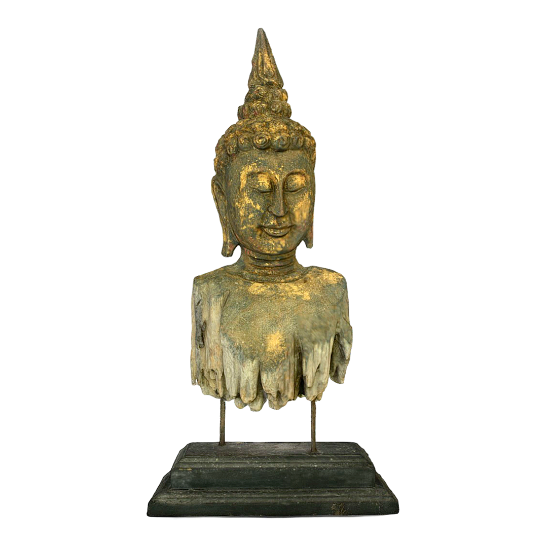 Thai cultural heritage gilded Buddha head wood carving