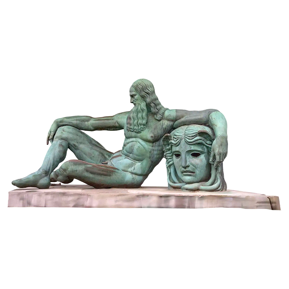 Artistic statue of Leonardo da Vinci and the head of Medusa