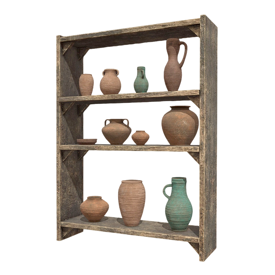 Wooden shelves filled with various pots and pots