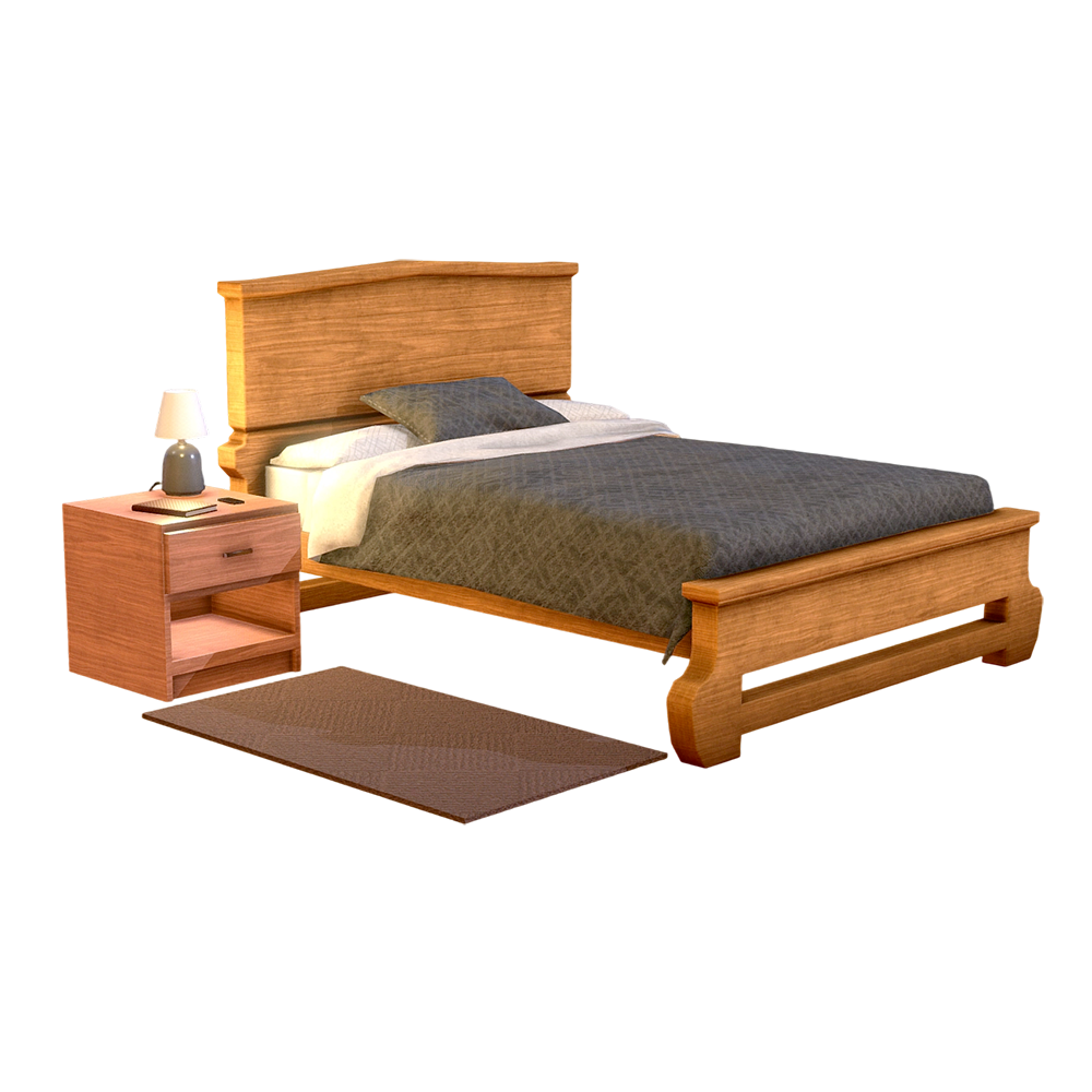 Wooden bedroom furniture set (bed, bedside table, carpet)
