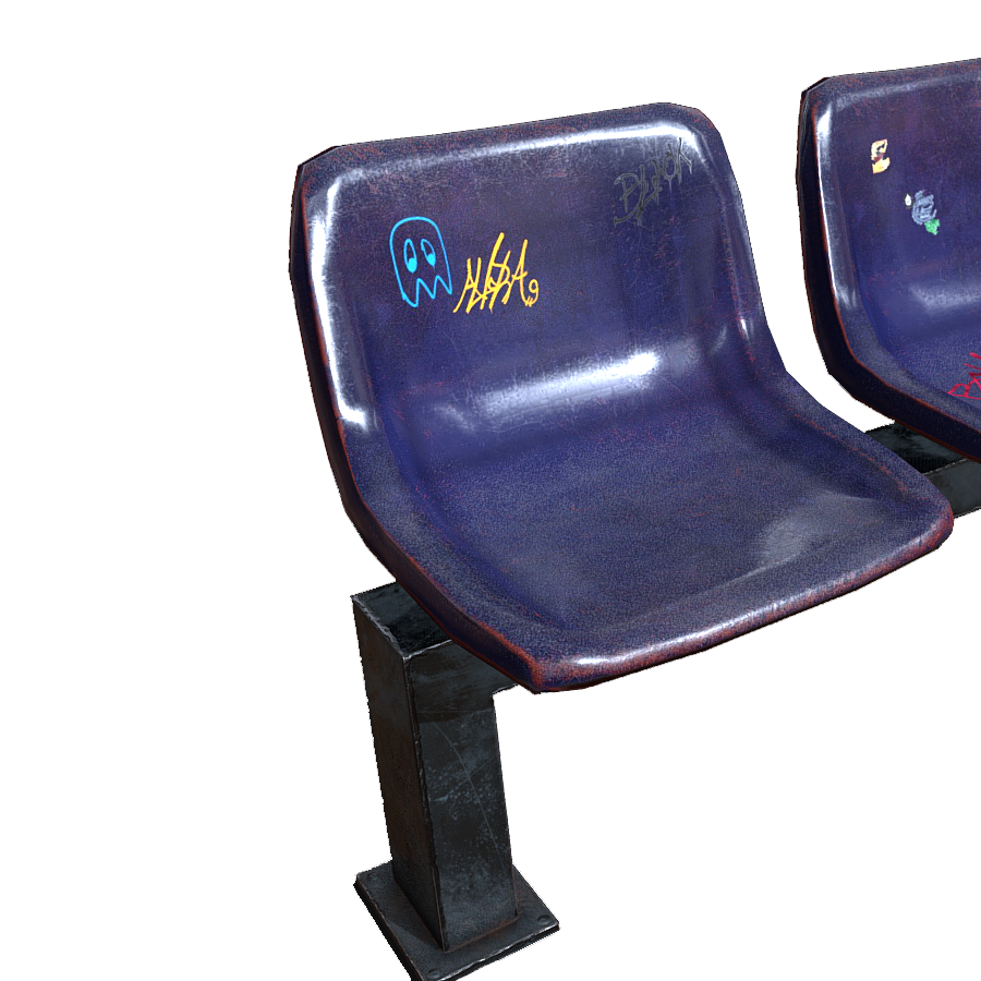 Purple public seat 3D model covered with graffiti