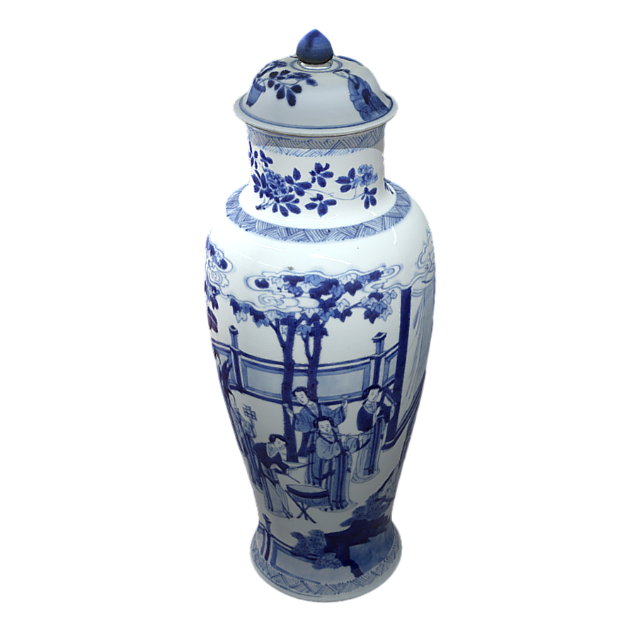 Qing Dynasty Blue and Flower Character Story Pattern Cover Bottle 3D Model