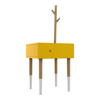 Modern Simple Lemon Yellow Solid Wood Bedside Table with Coat Frame