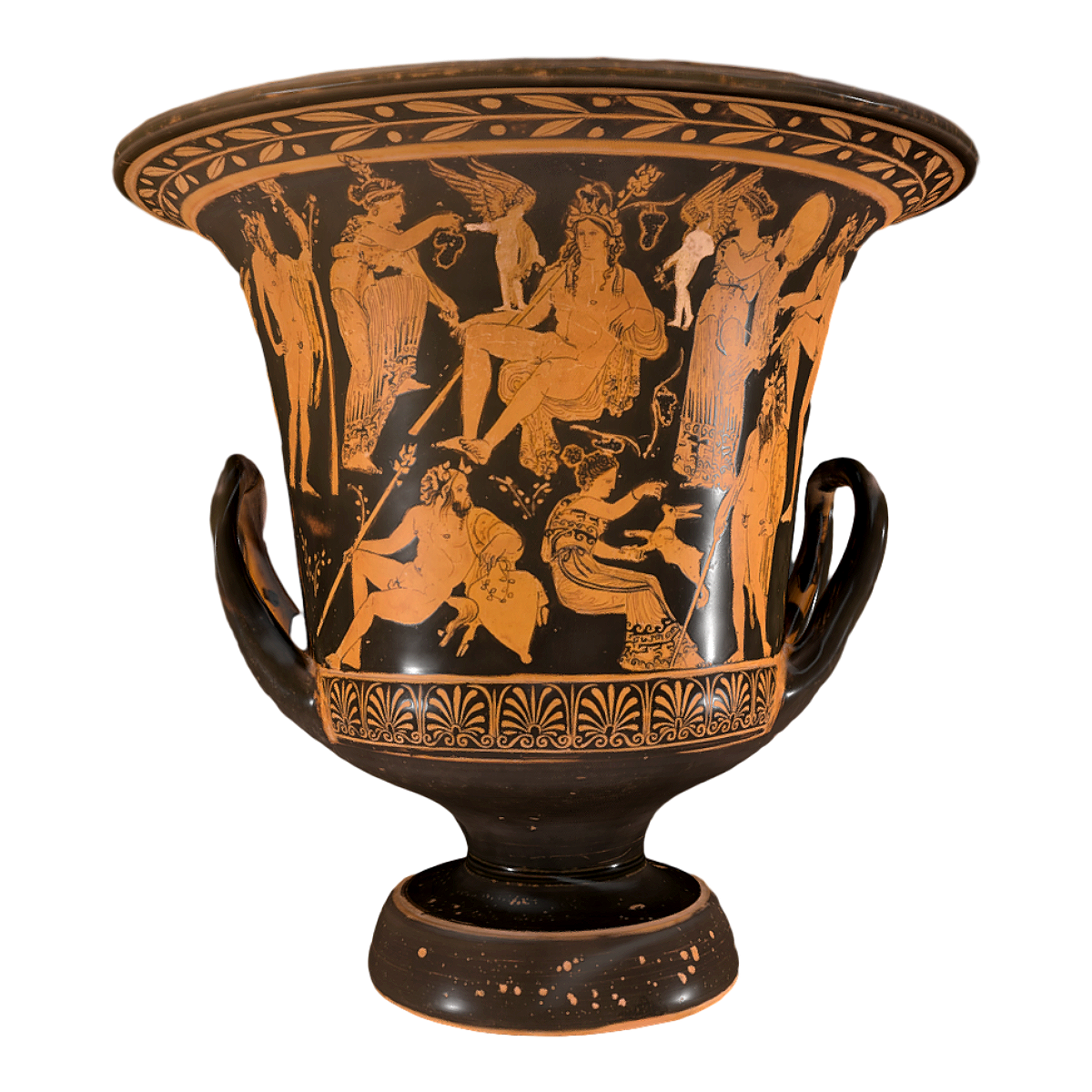 A large ancient Greek pottery basin painted with a Dionysus scene