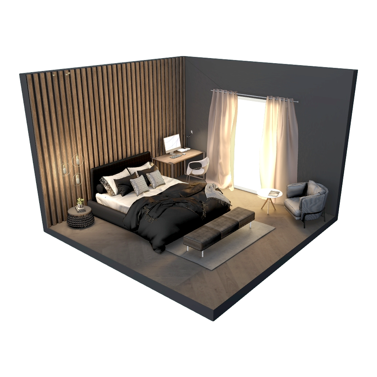 Modern minimalist bedroom decoration 3D scene