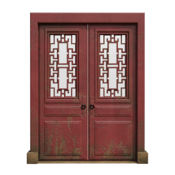 Traditional Chinese style door with antique style double opening hollow flower grid and mahogany lacquer