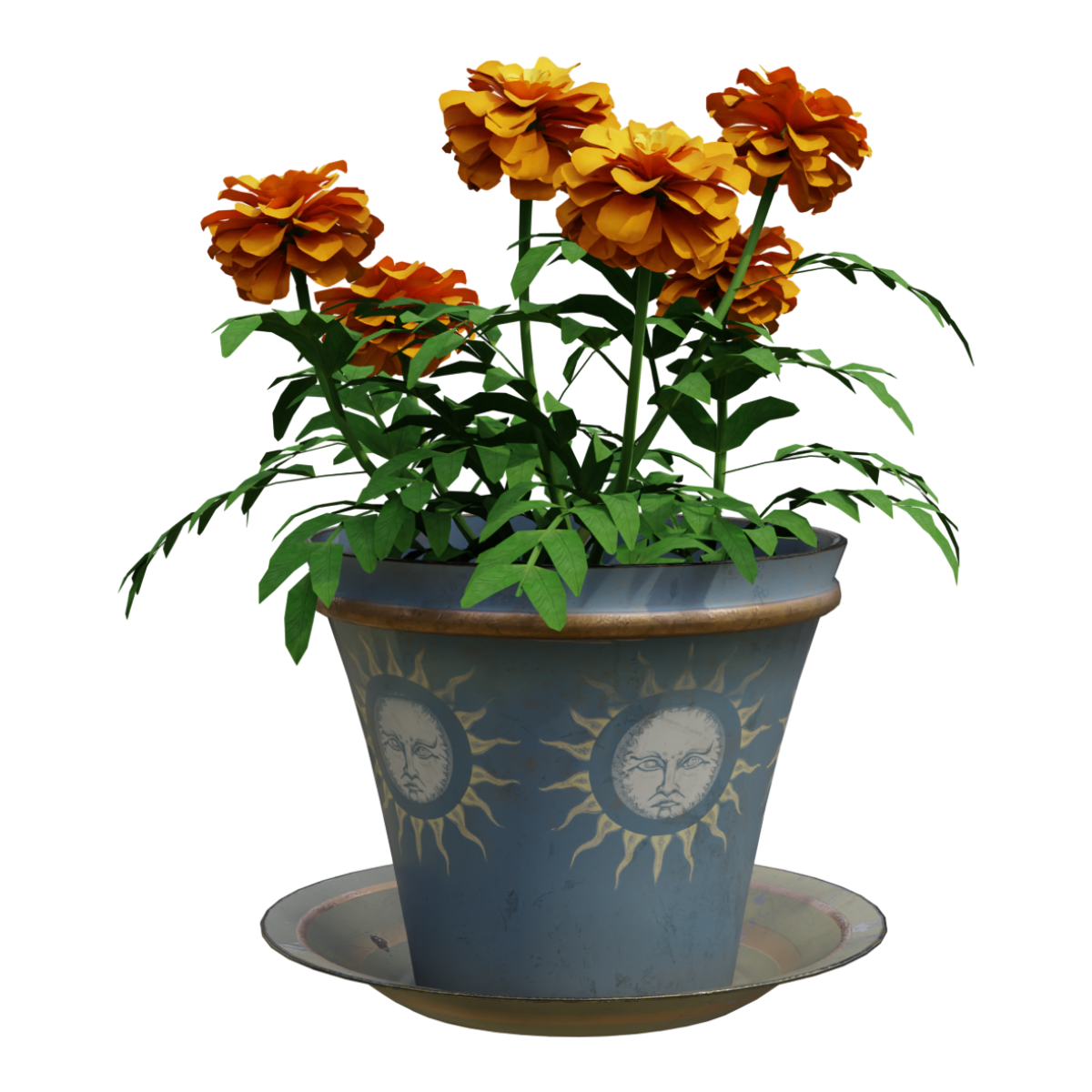 Plant potted decoration, marigold and yellow flowers