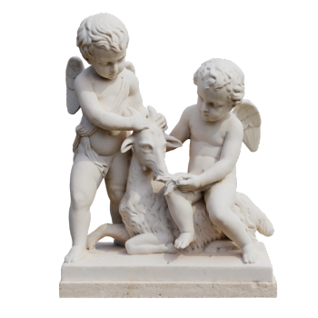 Cupid sculpture playing with goats