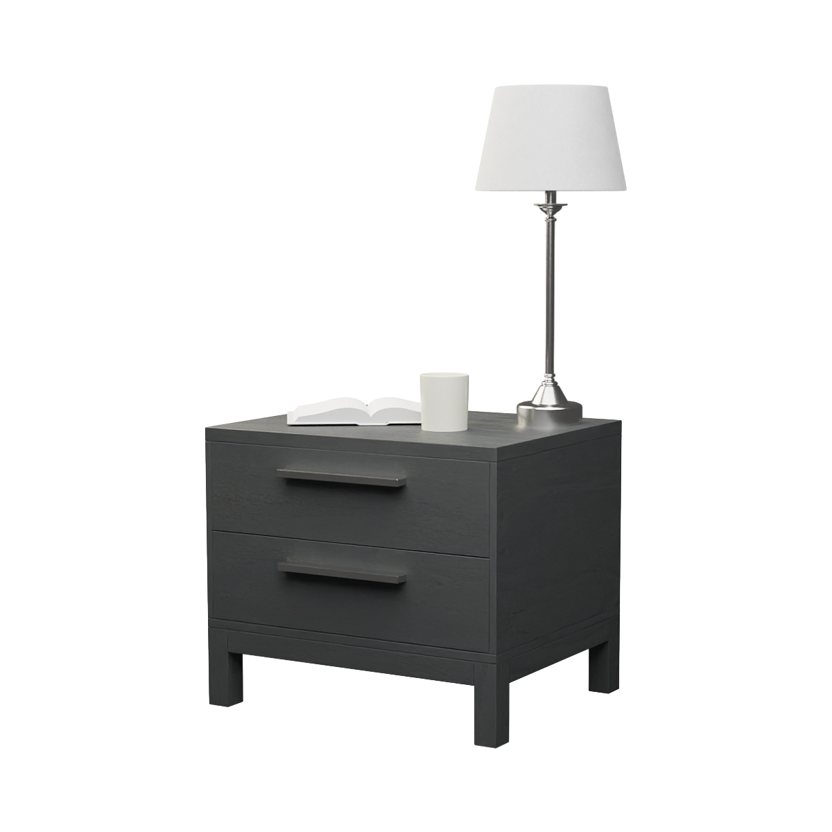 Modern dark solid wood bedside table with decoration