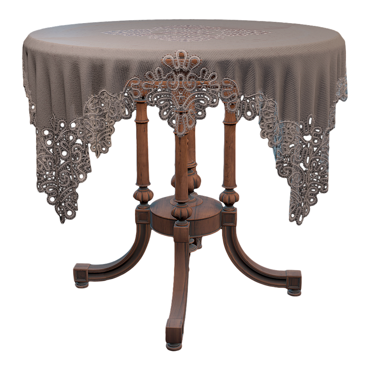 19th Century British Style Retro Mahogany Round Tea Table with Victorian Tablecloth