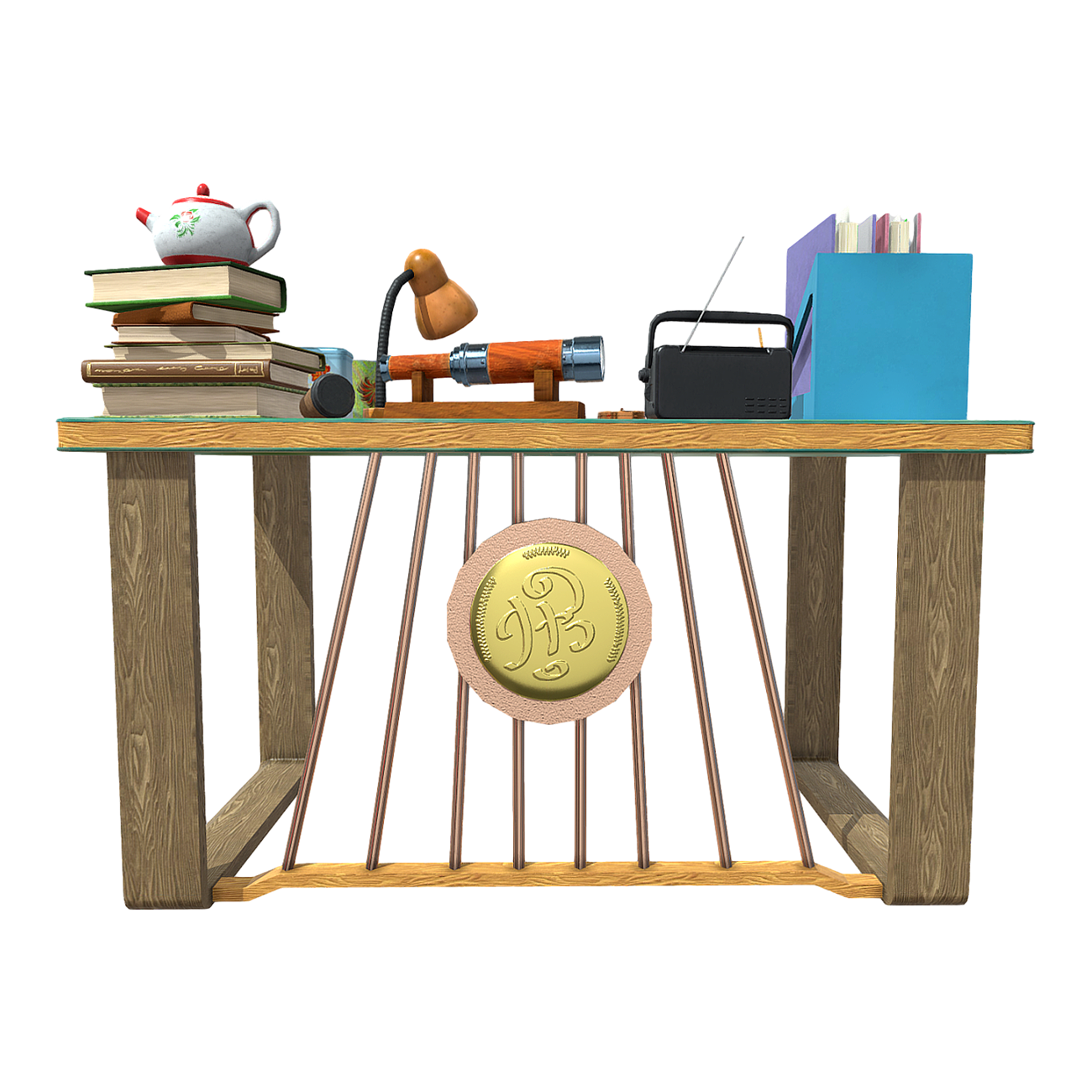 European-style retro oak table full of items travel planning table