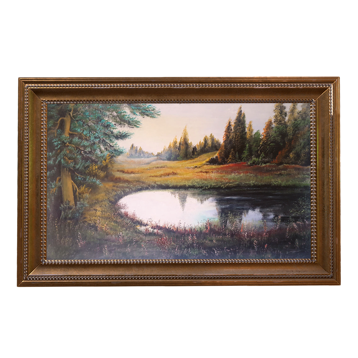 Nordic retro style carved picture frame mounted oil painting forest waterfront