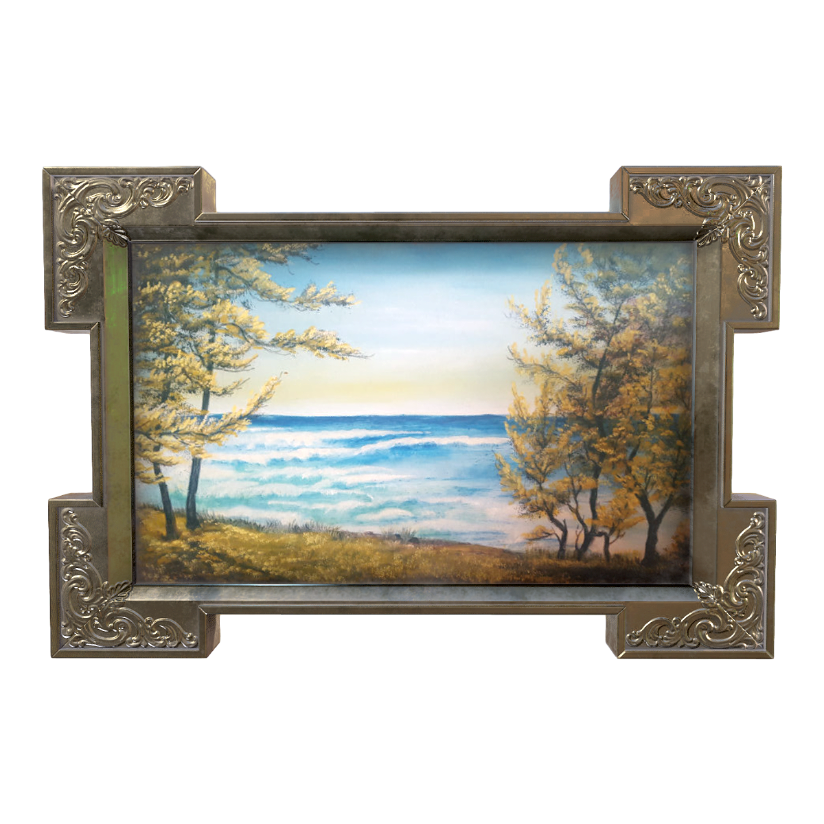 Nordic retro style carved picture frame mounted oil painting golden autumn coast