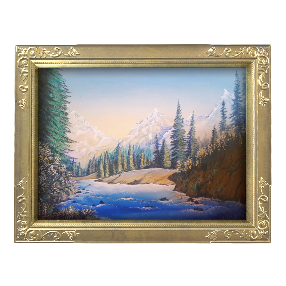Nordic retro style carved picture frame mounted oil painting mountain river