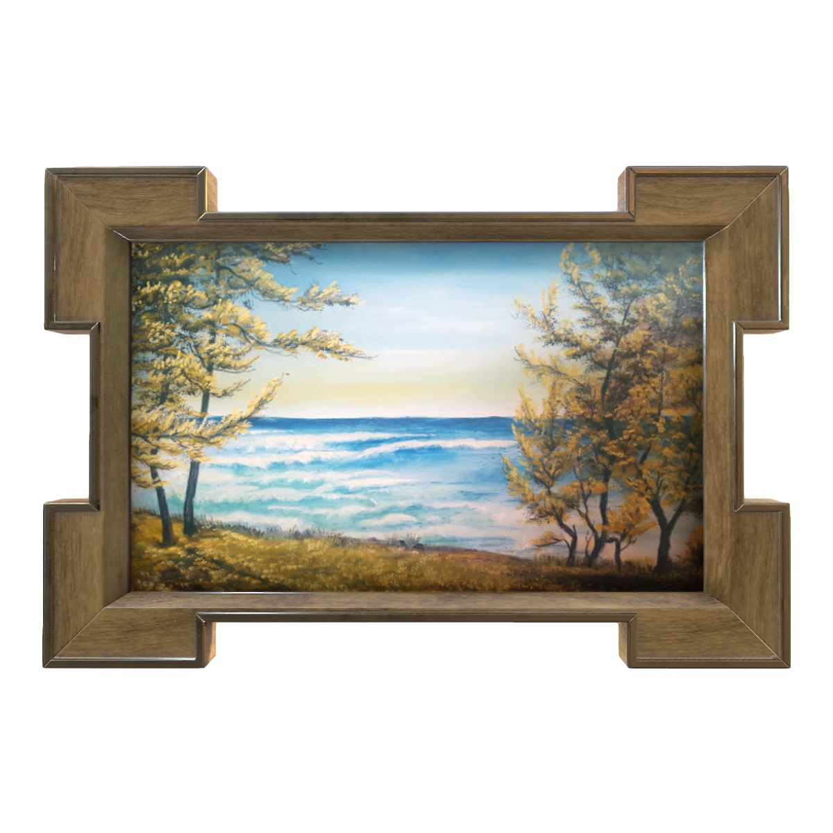 Nordic retro walnut framed oil painting Golden Autumn Coast