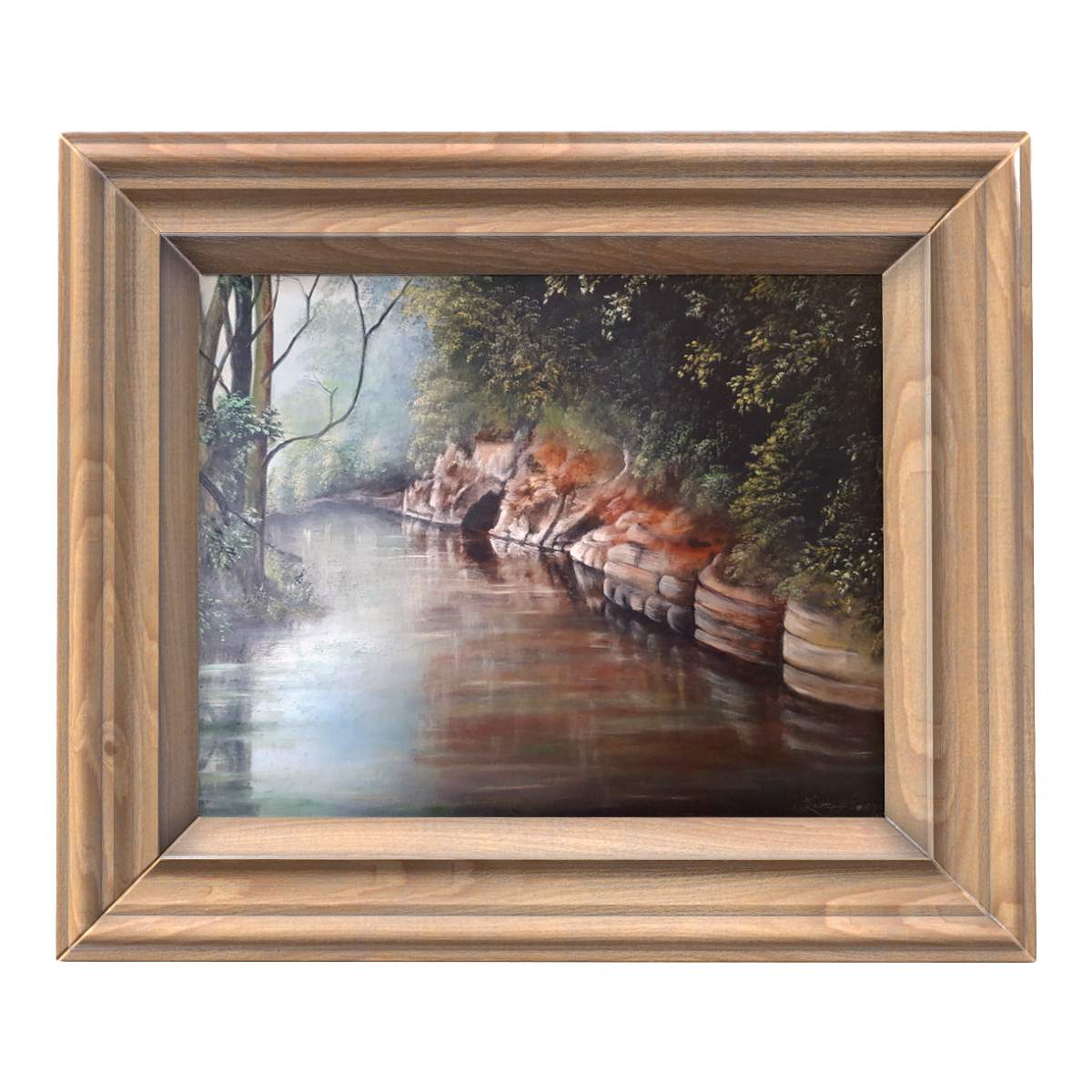 Nordic Retro Birch Frame Oil Painting Deep Forest River