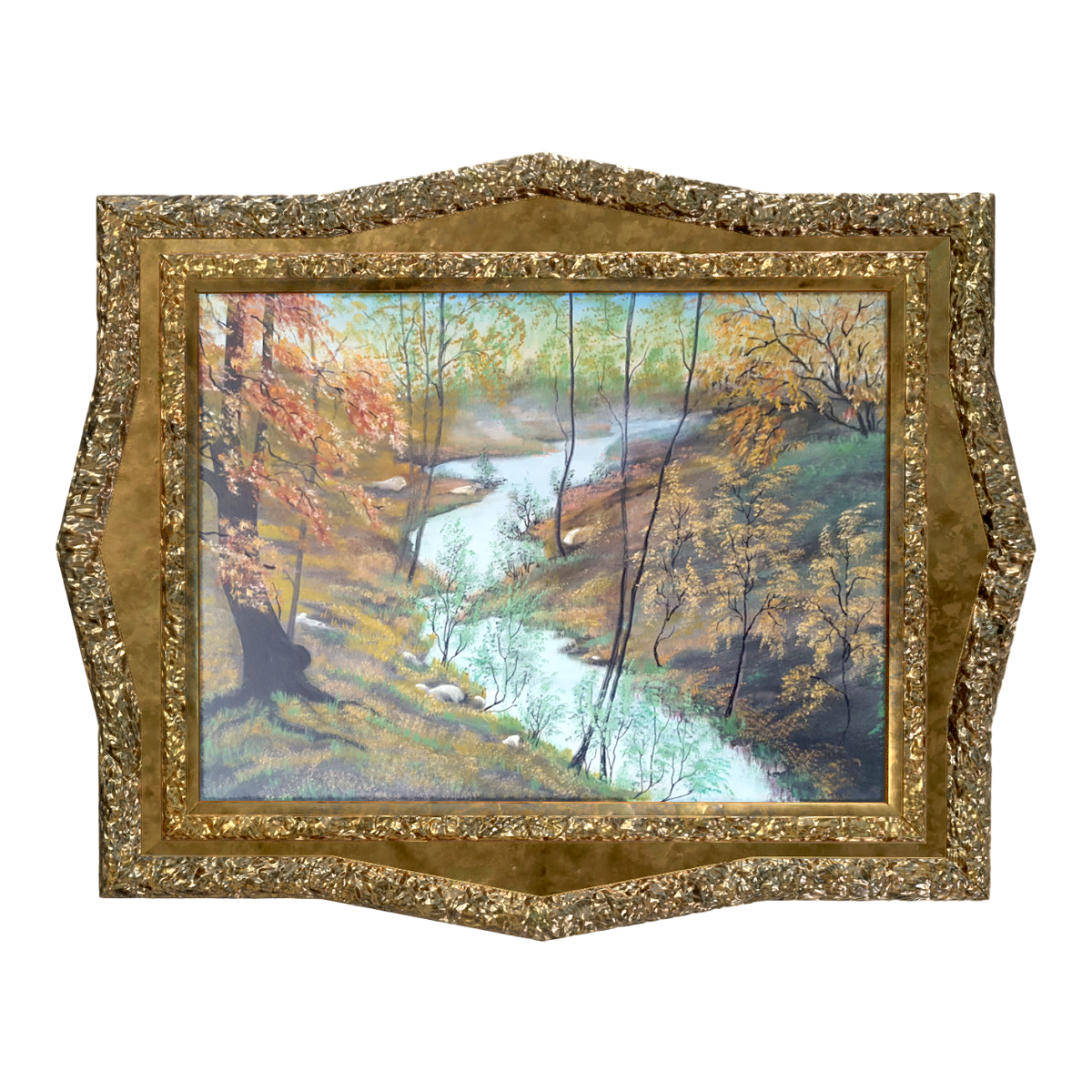 Italian retro style ornate bronze frame mounted oil painting forest stream