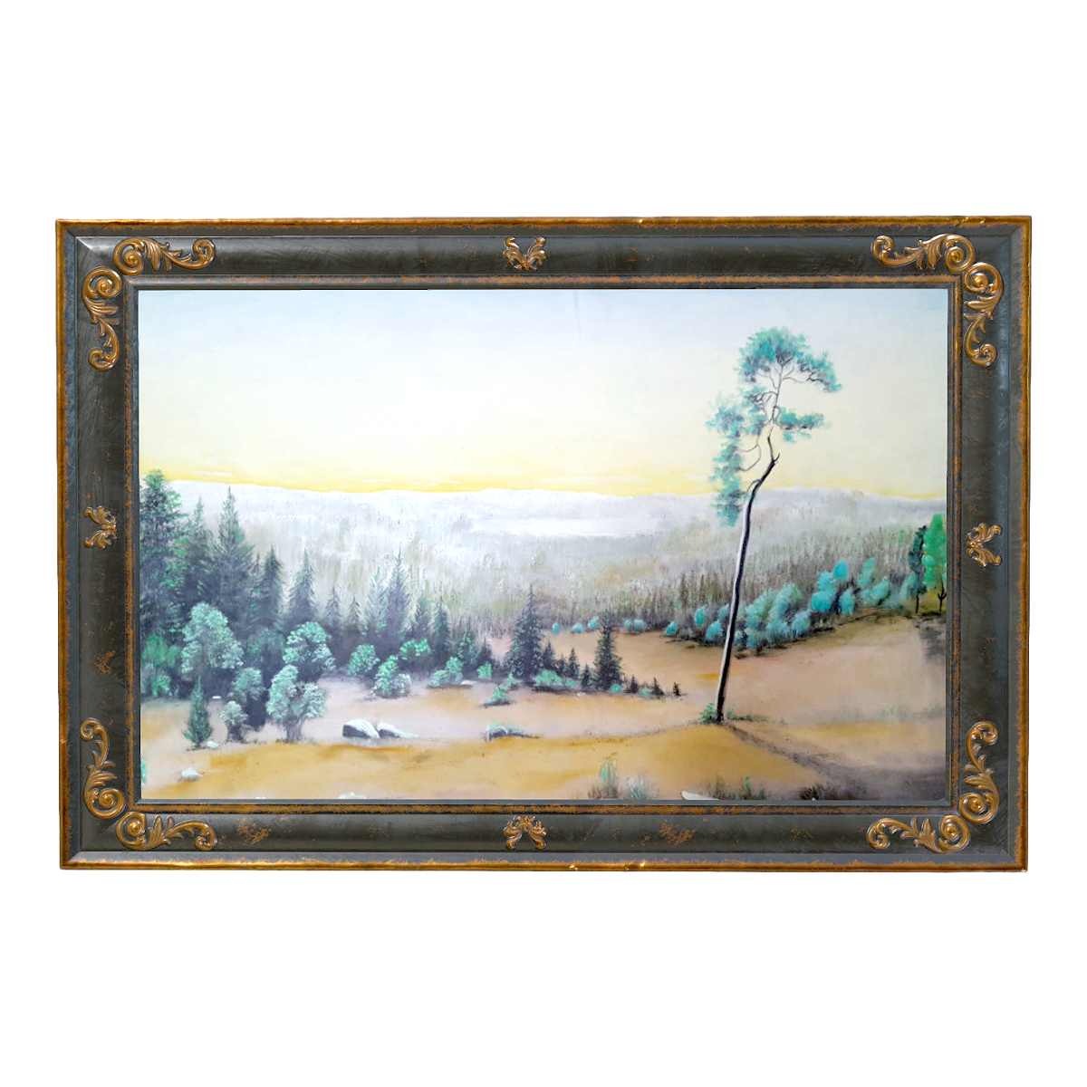 Italian retro style gold-encrusted luxury picture frame mounted winter oil painting forest sea