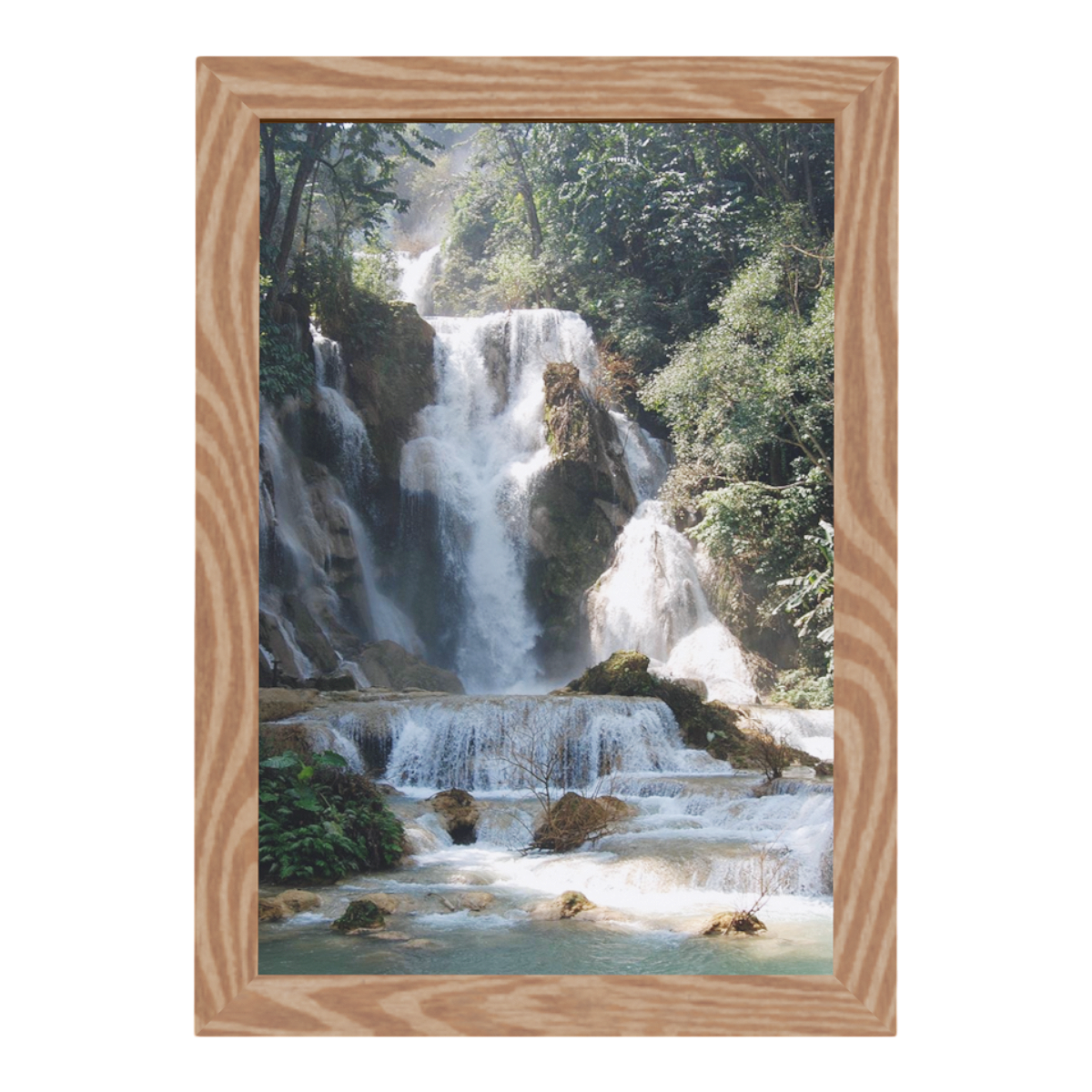 Modern Interior Decoration Photo with Vertical Oak Photo Frame Forest Waterfall