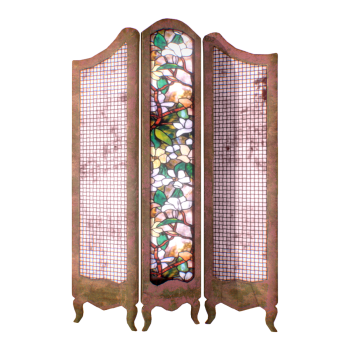 East Asian Style Old Flower Painted Glass Wooden Folding Screen