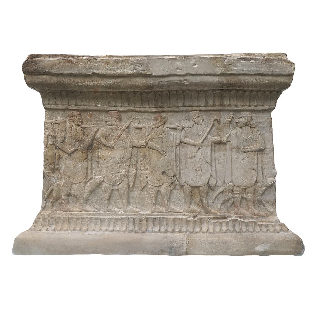Limestone reliefs from the ancient Etruscan civilization, titled 'Relief Tomb Inscription Base'
