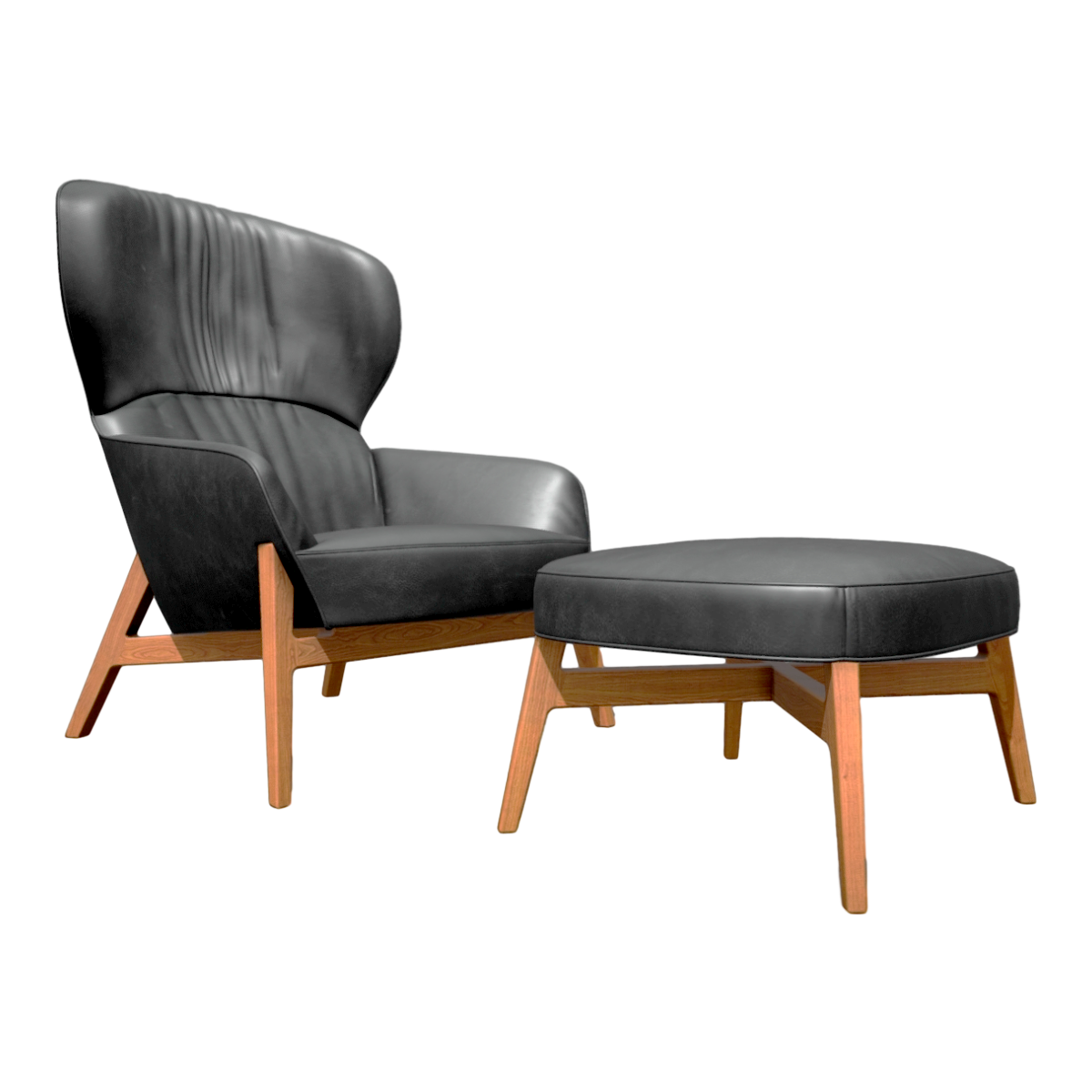 Nordic Black Leather Solid Wood Armrests Sofa Chair Footrest