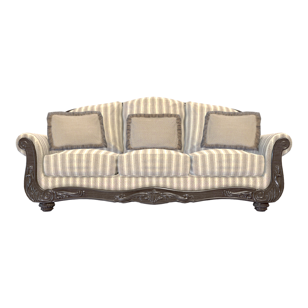 European-style Black Walnut Solid Wood Carved Beige Fabric Three-seat Sofa Armrest Sofa